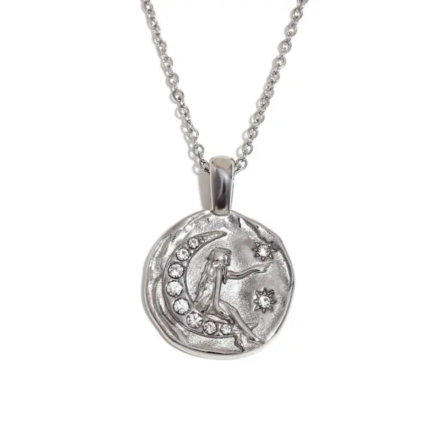 Wholesale Jewelry Retro Sun Moon 304 Stainless Steel Rhinestones 18K Gold Plated Plating Inlay Pendant Necklace Cable Chain
