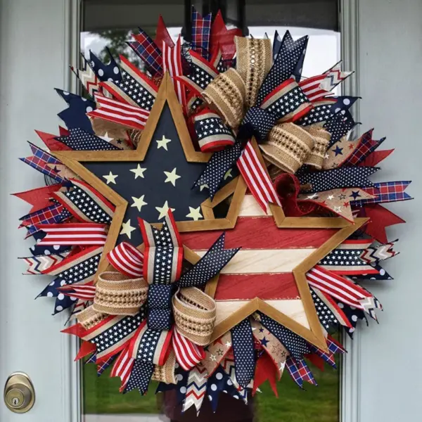 Wholesale American Independence Day Patriotic Wreath Door Hanging Wreath Front Door Decoration Flag Wreath Holiday Bunting