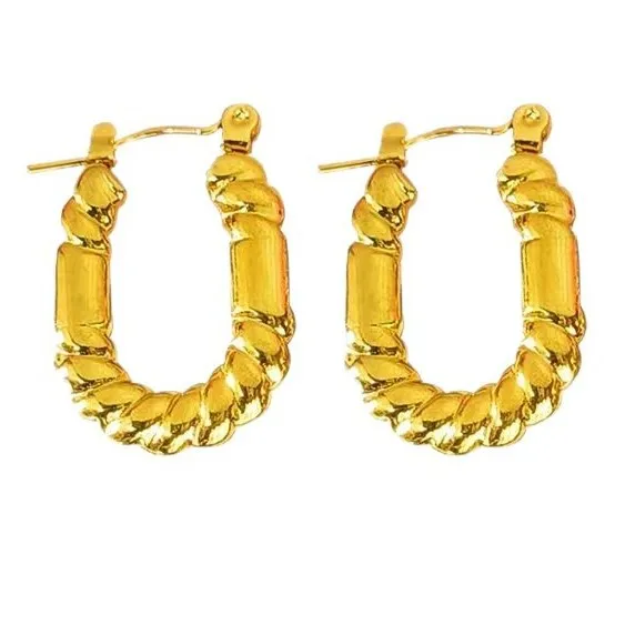 Wholesale Geometric Hammered Pattern Stainless Steel Oil Press Earrings Fashionable Versatile 18K Gold Plated Unisex Hoop Earrings