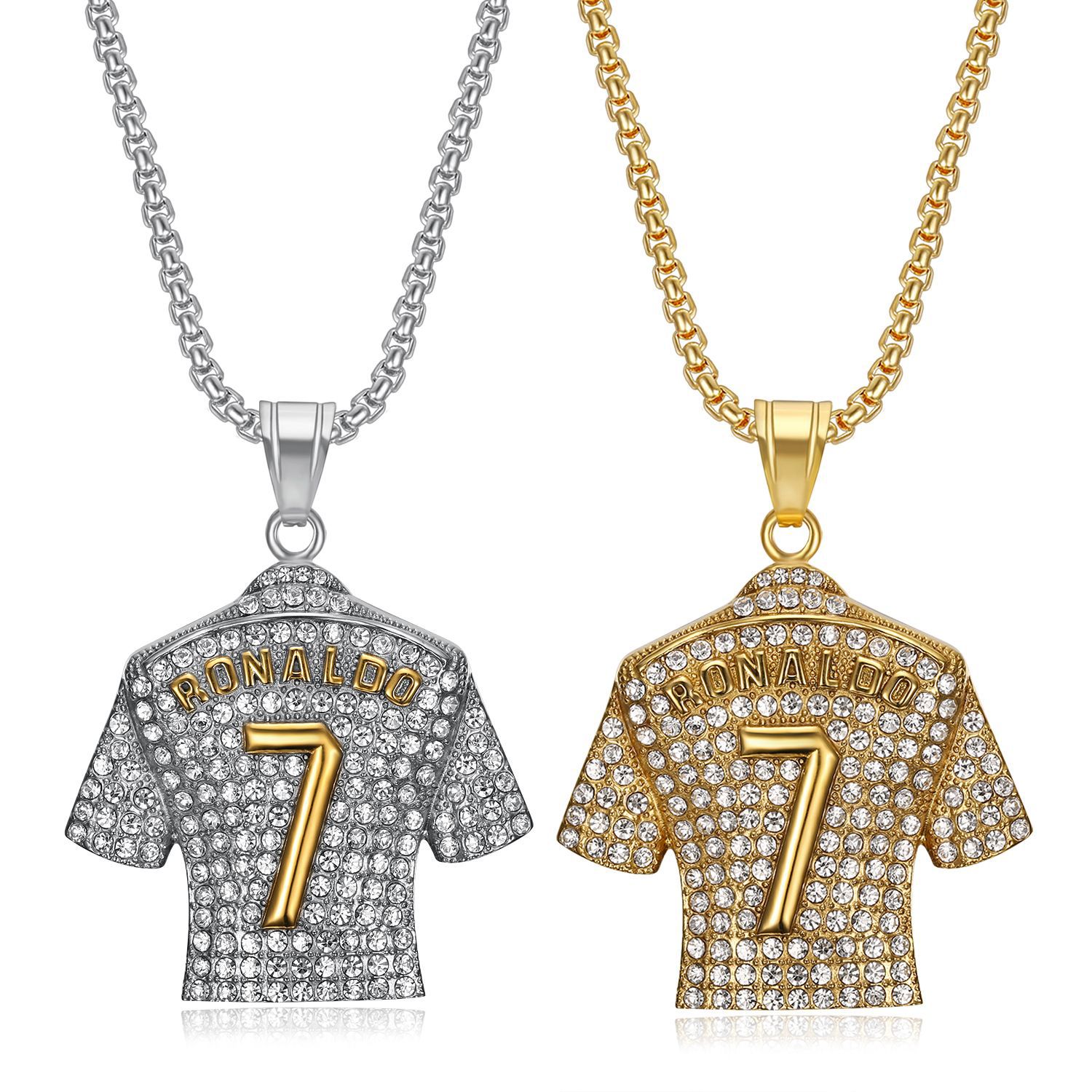 Wholesale European and American Card Popular Hip-Hop Hiphop Jewelry Titanium Steel Gold-Plated Diamond Ronaldo No. 7 Jersey Pendant Necklace