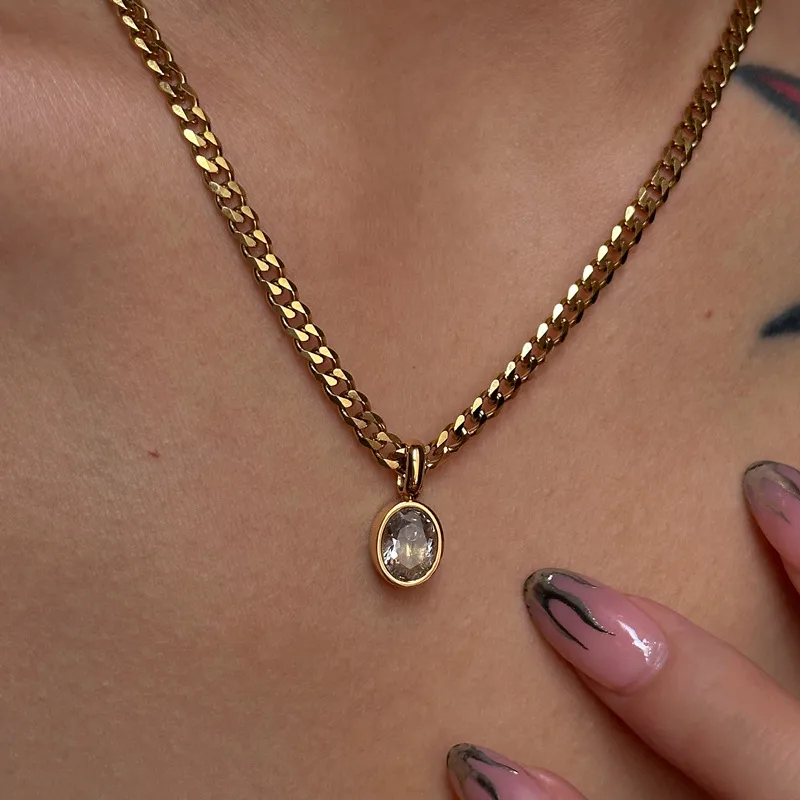 Wholesale Jewelry IG Style Simple Style Oval 304 Stainless Steel Zircon Plating Inlay Pendant Necklace Long Necklace