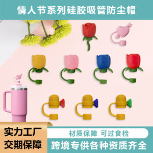 Wholesale Valentine's Day Rose Straw Dust Plug Cupid's Arrow Straw Dust Cap Food Grade Silicone Straw Cover