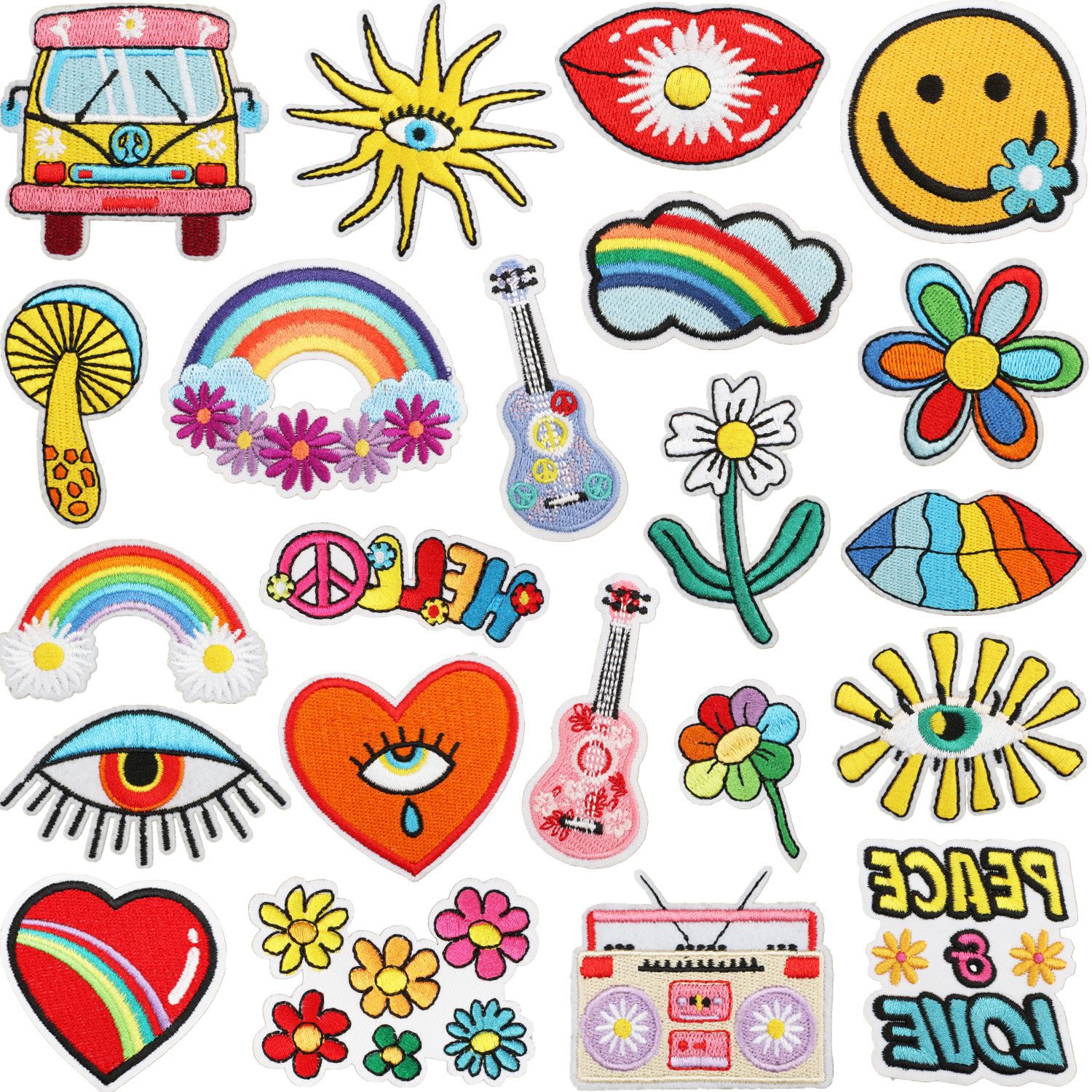 Wholesale The Eye of the Devil Embroidered Cloth Sticker Rainbow Bag Decoration Patch Sticker for Buses and Cars Colorful Flower Embroidered Sticker