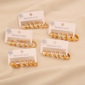 Wholesale 3 Pairs Of Rhinestone Plain Hoop Earrings, Light Luxury Titanium Steel Studs, High-End Versatile 304 Stainless Steel Vacuum Electroplated (Fired) 18K Real Gold Plated Elegant Earrings