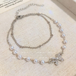 S598 silver-double layer pearl butterfly bracelet