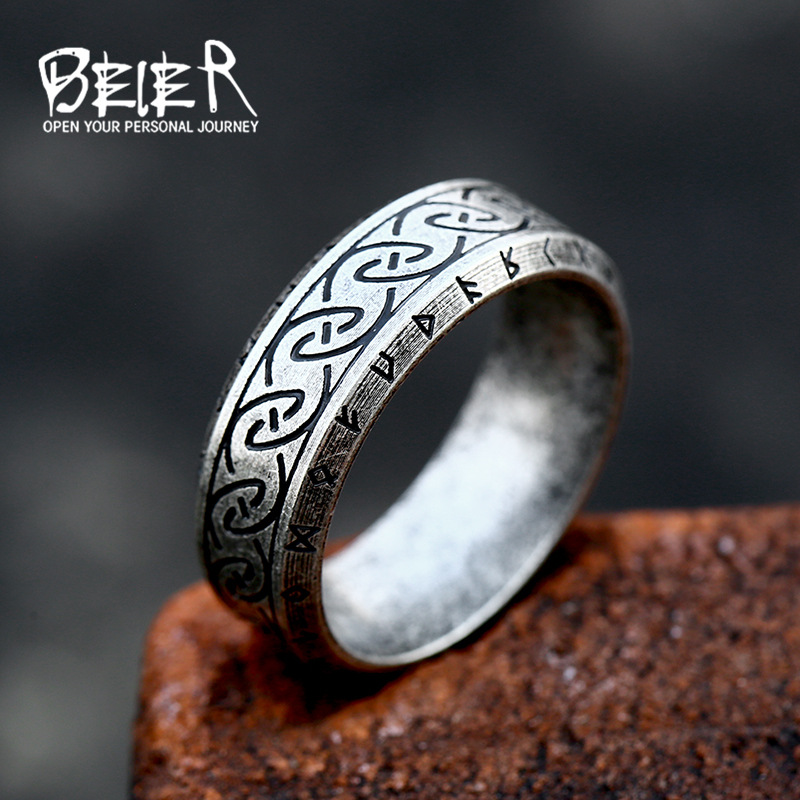Wholesale beier Japanese and Korean fashion simple titanium steel men's and women's ring wholesale Nordic retro Viking letter stainless steel ring