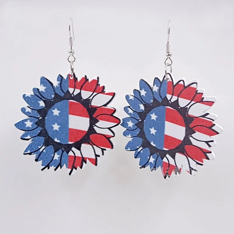 Wholesale Sunflower American Flag Lip Print Wooden Earrings Trendy Exaggerated Fashion Ear Drop Geometric Pattern Totem Craft