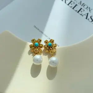 Wholesale PVD Coated Real Gold Plated 16K Gold White Gold Plated Flower 304 Stainless Steel Casual Modern Style Artistic Waterproof Non Tarnish Drop Earrings