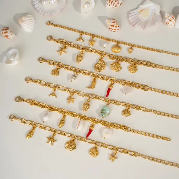 Wholesale PVD Coated Real Gold Plated 18K Gold Starfish Conch Shell 304 Stainless Steel Hawaiian Lady Beach Waterproof Non Tarnish 304 Stainless Steel Lobster Trigger Clasp Closure Bracelets