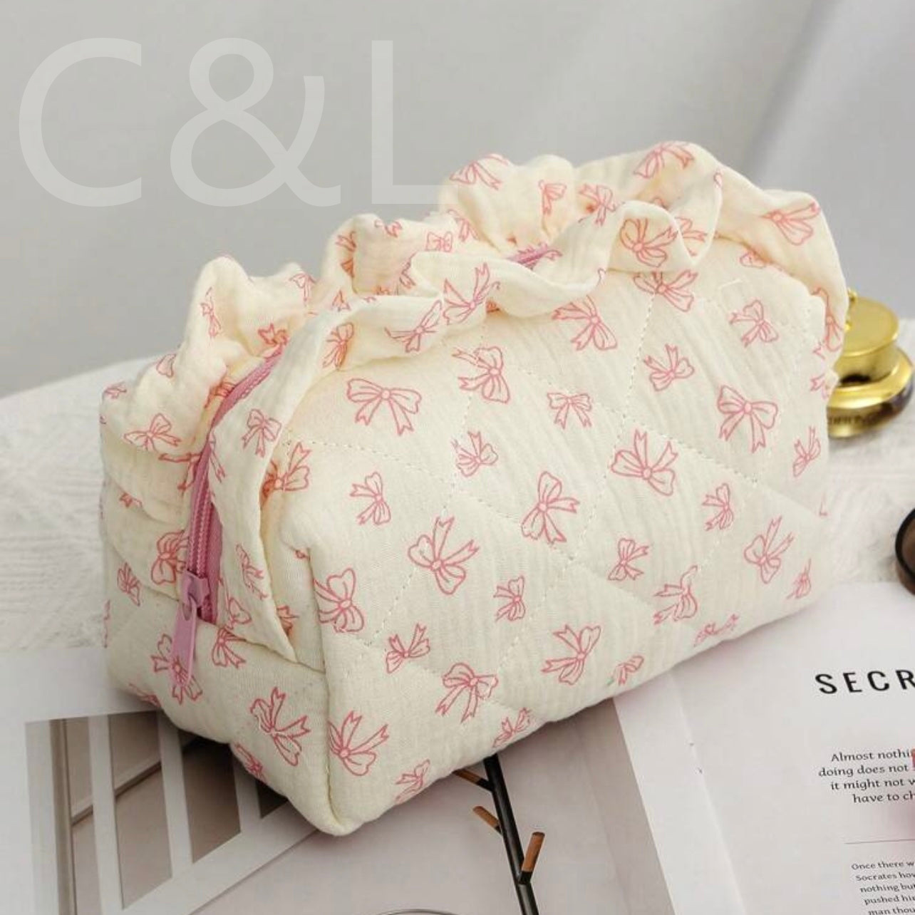 Wholesale Cross-border New Cotton Crepe Fabric Cosmetic Bag Printed Bow Lace Cosmetic Bag Thickened Pleated Cotton Floral Bag
