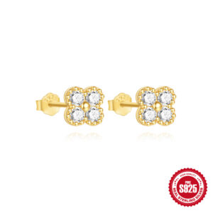 Gold stud earrings-white diamond / 925 Silver