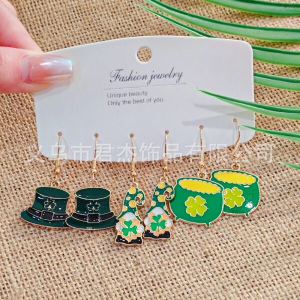 oly-e3eb7a6125448031bac0143e944ded8a Wholesale Patrick's Day carnival earrings suit personality green alloy oil drop clover hat earrings