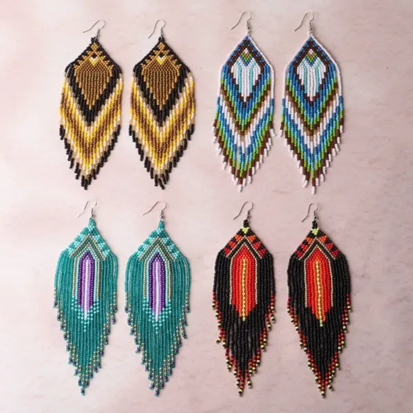 Wholesale Long Bohemian Tassel Geometric Gradient Rice Bead Earrings Women Handmade Glass Beads Dangle Earrings Floral Print Style