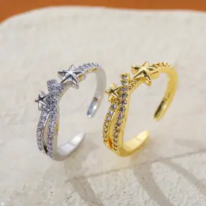 Wholesale Pentagram Waterproof Non Tarnish Ring For Women In 304 Stainless Steel With 18K Real Gold Plated PVD Coating And Zircon Inlay