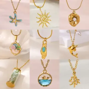 Wholesale 18K Gold Plated 304 Stainless Steel Vacuum Electroplating (In Furnace) Artificial Pearl Zircon Sun Palm Starfish Dolphin Whale Ocean Style Cable Chain/Cross Chain/O Chain Pendant Necklace For Women