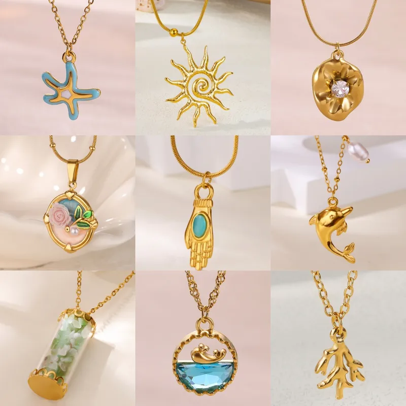 Wholesale 18K Gold Plated 304 Stainless Steel Vacuum Electroplating (In Furnace) Artificial Pearl Zircon Sun Palm Starfish Dolphin Whale Ocean Style C