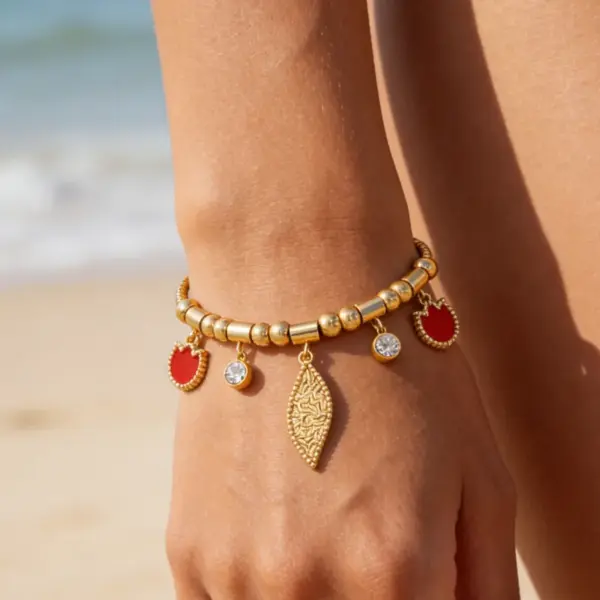 Wholesale Leaves Waterproof Non Tarnish Bracelets For Couples In 18K Real Gold Plated 304 Stainless Steel With Zircon Inlay And Snake Chain