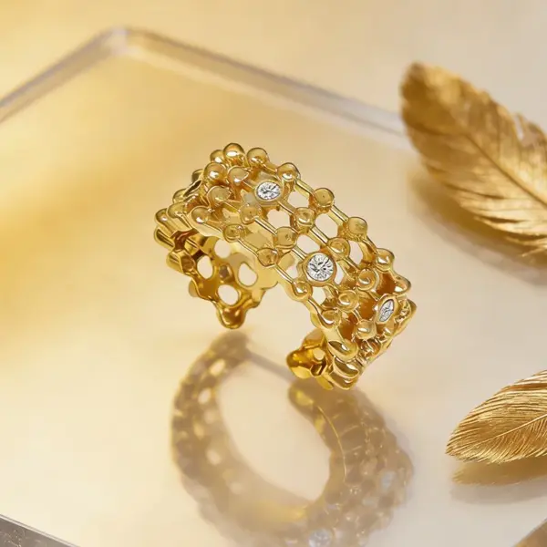 Wholesale Geometric Three-dimensional Open Ring For Unisex, 18K Real Gold Plated With Electroplating, Copper Base And Zircon Inlay