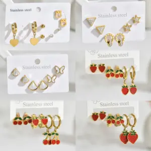 Wholesale 304 Stainless Steel Cherry Strawberry PVD Coated Artificial Diamond Real Gold Plated Casual Simple Style Waterproof Non Tarnish Earrings