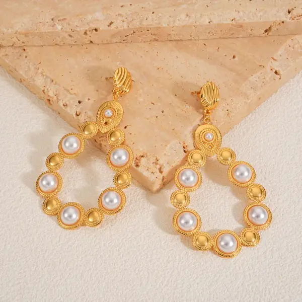 Wholesale Imitation Gold Plated 304 Stainless Steel Water Plated Artificial Gemstone Water Drop Hollow Vacuum Electroplated Waterproof Non-Fading Earrings For Women