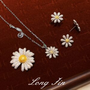 oly-e4bd083c234243e827d7e250eef3ce83 Wholesale Copper full diamond daisy set necklace, earrings, ring, brooch