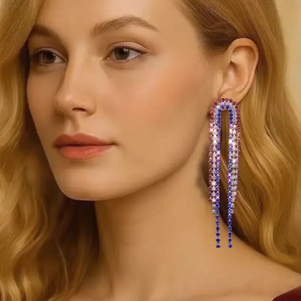 Wholesale American Flag Independence Day Patriot Red White Blue Water Diamond Pendant Earrings Women Bohemian Long Tassel Earrings