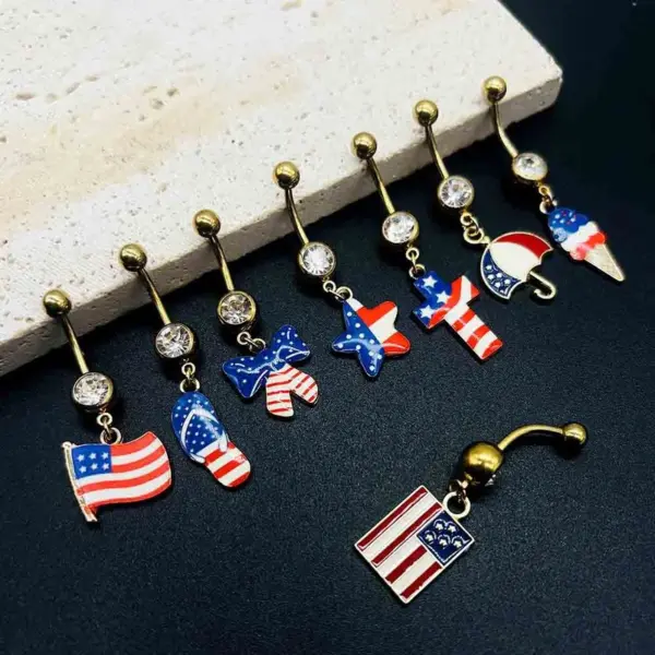 Wholesale New Stainless Steel Independence Day Belly Button Ring American Flag Alloy Pendant Belly Button Jewelry Body Piercing For Women