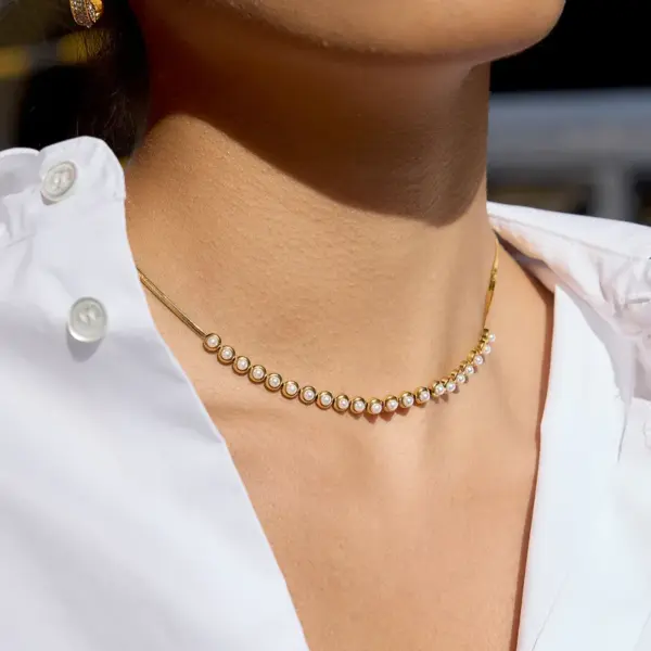 Wholesale Women - Classic Style / 18K Gold 304 Stainless Steel High Gloss Pearl Blade Chain Necklace Combination Geometric Handmade Chain