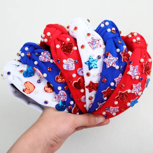 oly-e658261b27bd605807131b51b0375df6 Wholesale Wide Headband American Independence Day Pearl Rhinestone Fabric Heart-shaped Sequin Star Headband Hair Accessory