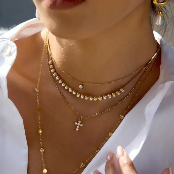 Wholesale Women - Classic Style / 18K Gold 304 Stainless Steel High Gloss Pearl Blade Chain Necklace Combination Geometric Handmade Chain