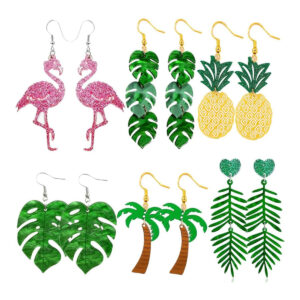 Wholesale 6 Pairs of New Cross-Border Summer-Themed Coconut Tree and Pineapple Palm Leaf Ear Hooks, European and American Carnival Festival Gifts