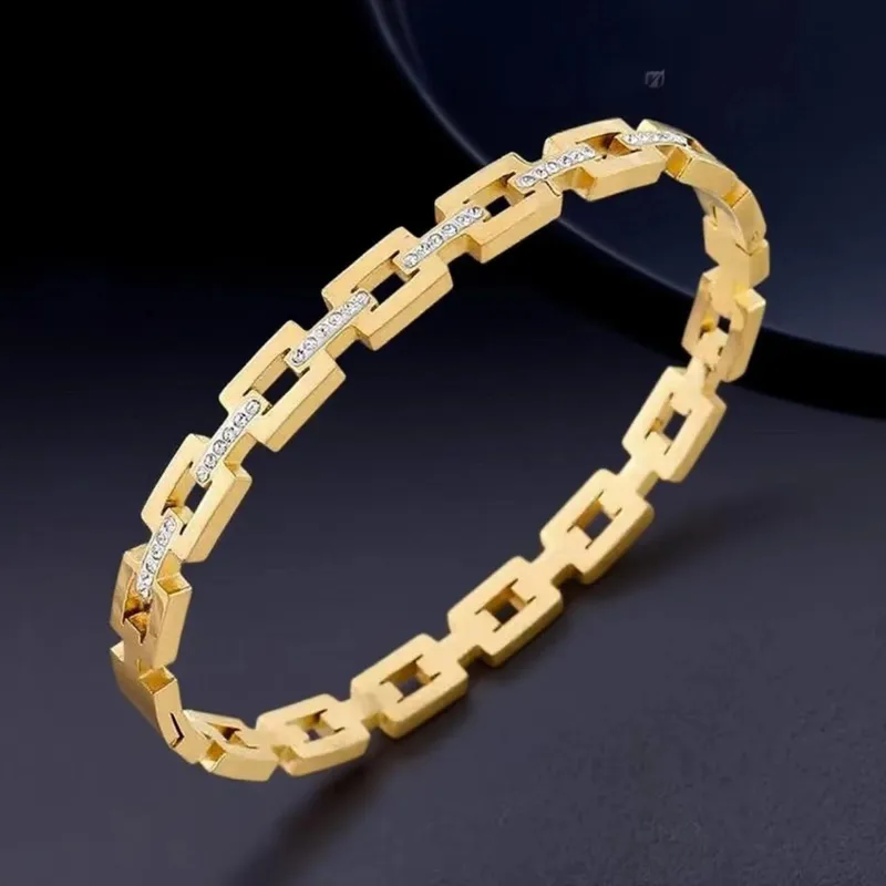 Wholesale Luxurious Square Titanium Steel Bangle For Women In Steel Color With Rhinestones And Electroplated Finish
