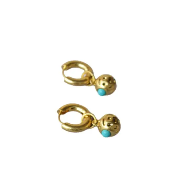 Wholesale Retro Faux Aged Texture Copper Ball Embedded Turquoise Elegant Personality Women's Earrings French Design Specialty Jewelry