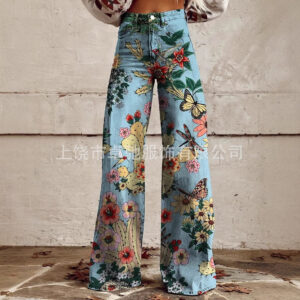 Wholesale 2025 Independent Station Xiyin European and American Foreign Trade plus size Women's Casual Pants Printed Imitation Jeans Wide Leg 3D Fashion Women's Pants