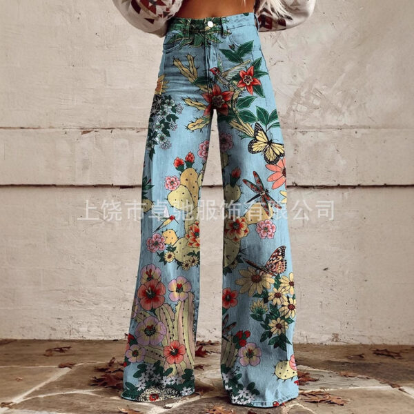 Wholesale plus size Women's Casual Pants Printed Imitation Jeans Wide Leg 3D Fashion Women's Pants