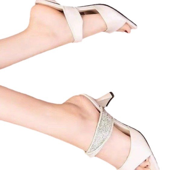 oly-e703ccc0d05df171dfcf6f6ae07c43b1 Wholesale Rhinestone Slippers Elegant Mid-high Heel Women's Outwear Sandals Women's Shoes Summer Thick Heel Fashionable Sandals All-match Slippers