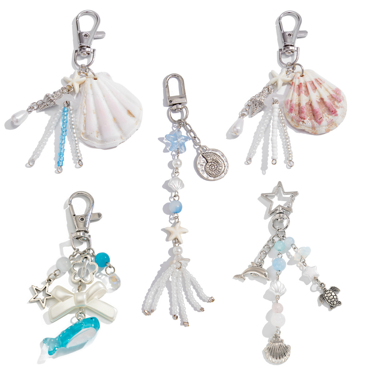 Wholesale European and American Cross-border Marine Vacation Dolphin Fan Shell Turtle Keychain Irregular Crystal Pendant Bag Hanging Ornaments