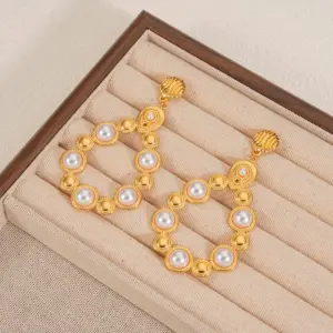 Wholesale Imitation Gold Plated 304 Stainless Steel Water Plated Artificial Gemstone Water Drop Hollow Vacuum Electroplated Waterproof Non-Fading Earrings For Women