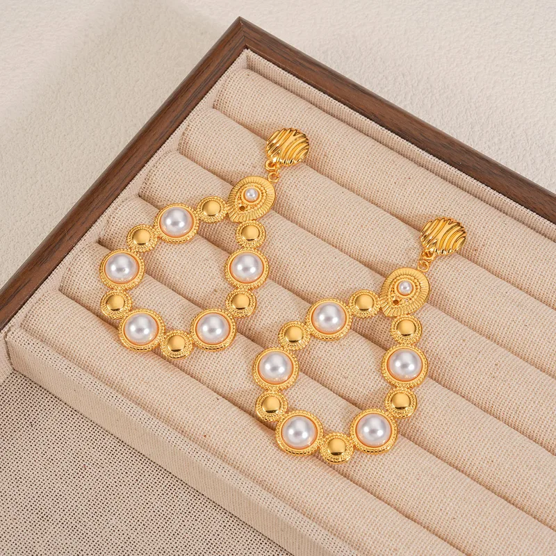 Wholesale Imitation Gold Plated 304 Stainless Steel Water Plated Artificial Gemstone Water Drop Hollow Vacuum Electroplated Waterproof Non-Fading Earrings For Women