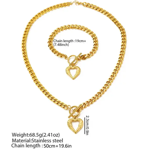 Wholesale Fashion Hip Hop 2 Piece Set - Stainless Steel Cuban Chain Necklace And Bracelet With Love Pendant OT Buckle Unisex Jewelry Gift
