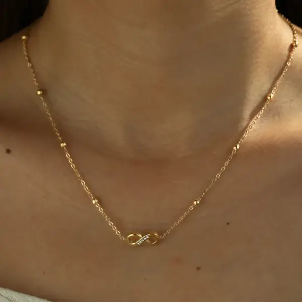 oly-e7c3ee9846628a1407e6d29e3f8c3d75 Wholesale 18K Gold Plated 304 Stainless Steel Vacuum Electroplating (In Furnace) Rhinestone Infinity/8-Shaped Classic 03 Bead Chain Necklace For Women Independence Day