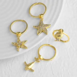 Wholesale AS Jewelry Hot Sale Full Zircon Copper Plated 18k Gold Ocean Style Starfish Whale Ring Rin82