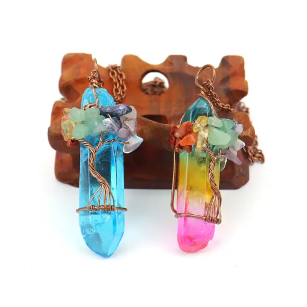 Wholesale Handmade Natural Crystal Column Painted Multi-Color Geometric Pattern Rock Wrapped Life Tree Necklace For Women Tiktok Live Broadcast