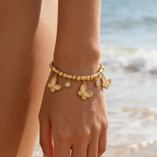 oly-e803f9c8a08fbbdf0e9c3e890d3d01f9 Wholesale Butterfly Couple Bracelets With 18K Gold Plated 304 Stainless Steel, Zircon Inlay, Waterproof Snake Chain