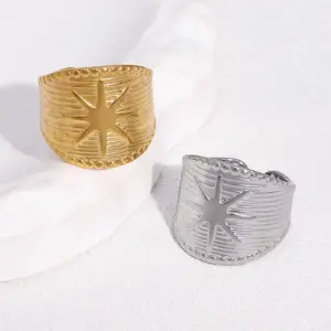 Wholesale 18K Gold Plated 304 Stainless Steel Vacuum Electroplating (In Furnace) Open Ring For Women Wide Version Eight-Pointed Star Waterproof Non-Fading Titanium Steel Jewelry