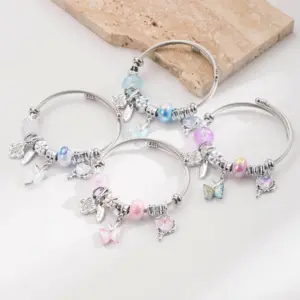 Wholesale Unisex New Style Butterfly Bangle Bracelet With Beading And Rhinestone Inlay In Natural Pink Alloy