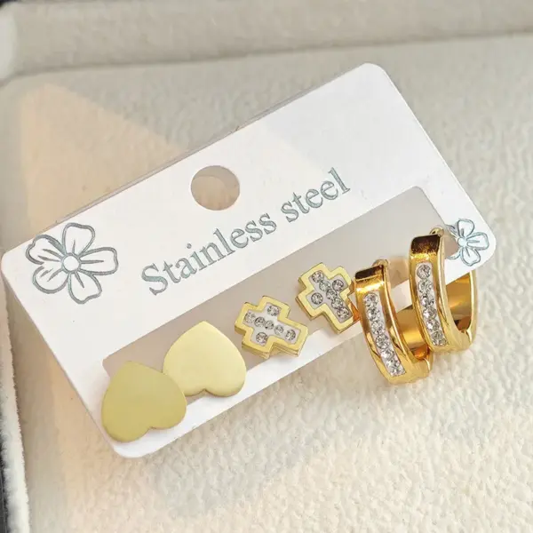 Wholesale Elegant Cross Heart Shaped Hoop Earrings Women's Fashion Jewelry Minimalist Design Half Diamond Plain Circle Stylish Sensation