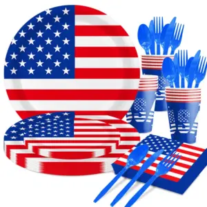 Wholesale Independence Day Flag Theme Disposable Tableware Set Paper Plates Paper Cups Tableware Set Celebration Supplies Suitable For Party Activities