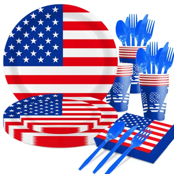 Wholesale Independence Day Flag Theme Disposable Tableware Set Paper Plates Paper Cups Tableware Set Celebration Supplies Suitable For Party Activities