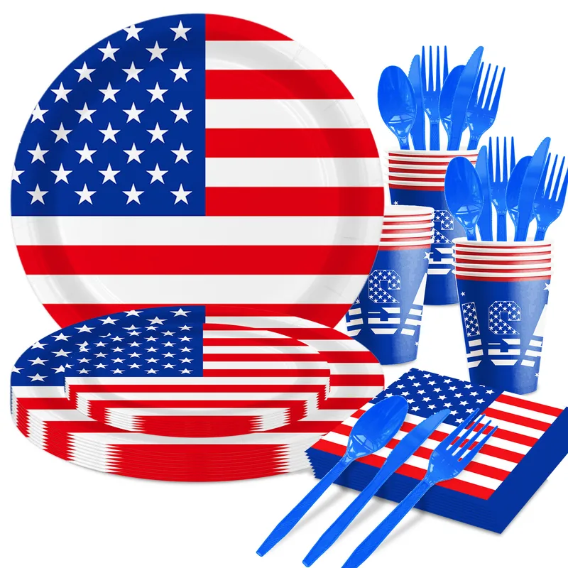 Wholesale Independence Day Flag Theme Disposable Tableware Set Paper Plates Paper Cups Tableware Set Celebration Supplies Suitable For Party Activitie